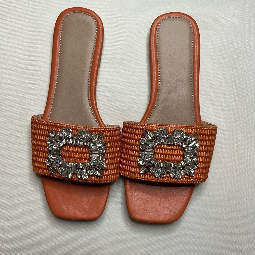 Amazon LVOMU Rhinestone Orange Weave Square Toe Flat Slide Sandals Size EU 38